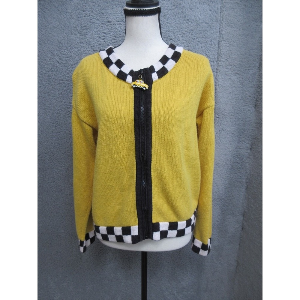 Vintage Coldwater Creek Taxi Checkerboard Cardigan Women S Yellow Novelty Quirky